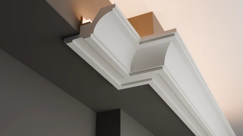 Cove Lighting moulding with LED tape installed above crown line