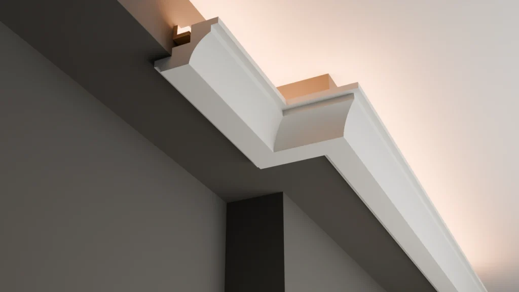 Modern LED Cove Lighting Moulding installed in luxury living room ceiling